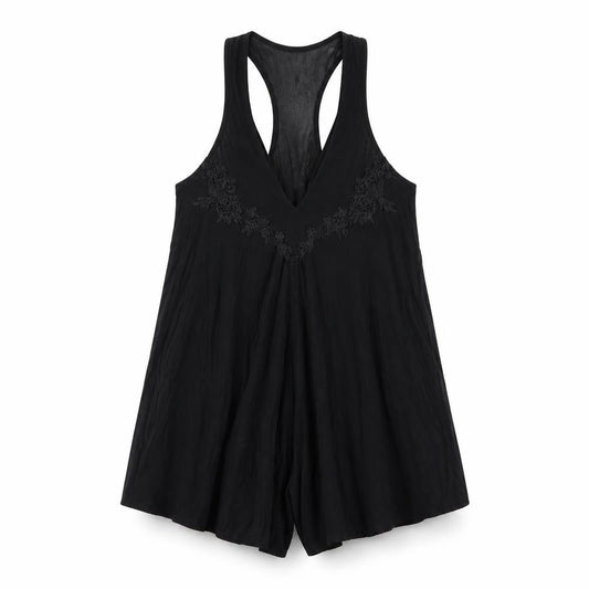Out From Under Womens Black Polyester Playsuit One-Piece Size M Button - Floral Embroidery