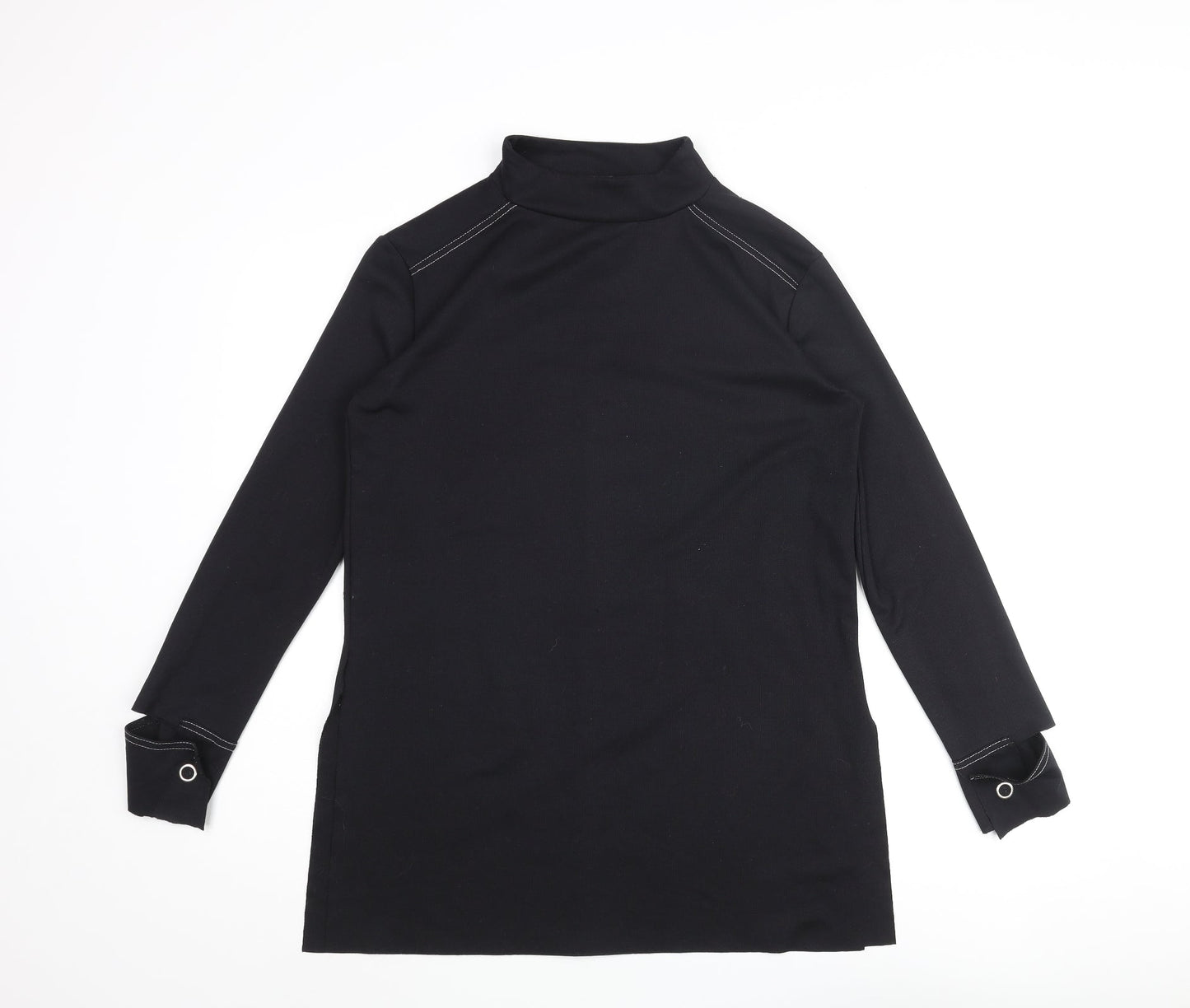 Zara Womens Black Polyester Basic Blouse Size M Mock Neck - Cuff Detail Side Slits