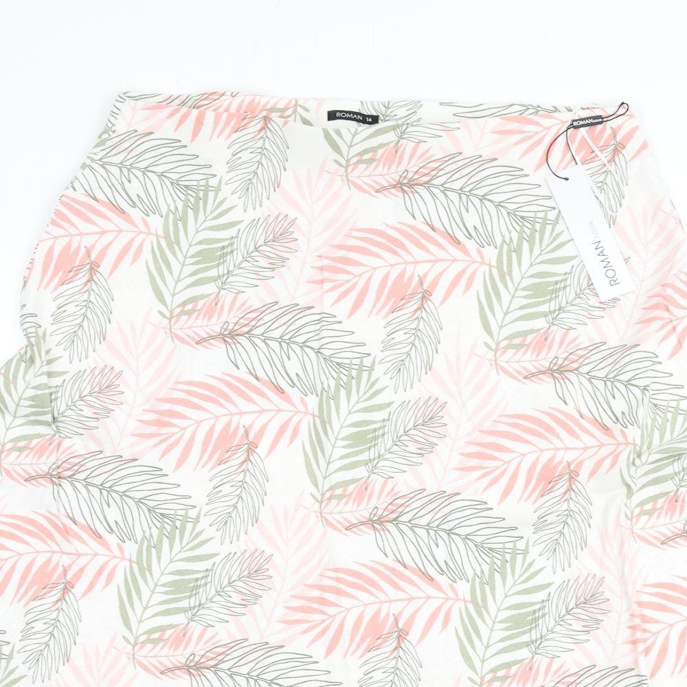 Roman Womens Multicoloured Geometric Linen Flare Skirt Size 14 - Leaf Print
