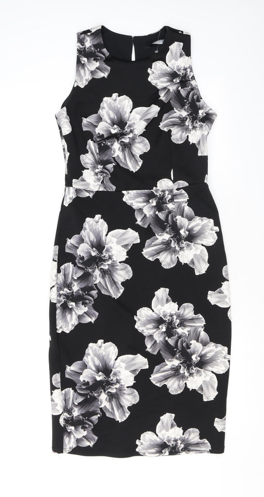 K&D London Womens Black Floral Polyester Pencil Dress Size 10 Round Neck Button