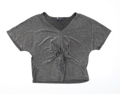 Marks & Spencer Womens Silver Polyamide Basic T-Shirt Size L V-Neck - Twist Detail