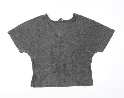 Marks & Spencer Womens Silver Polyamide Basic T-Shirt Size L V-Neck - Twist Detail
