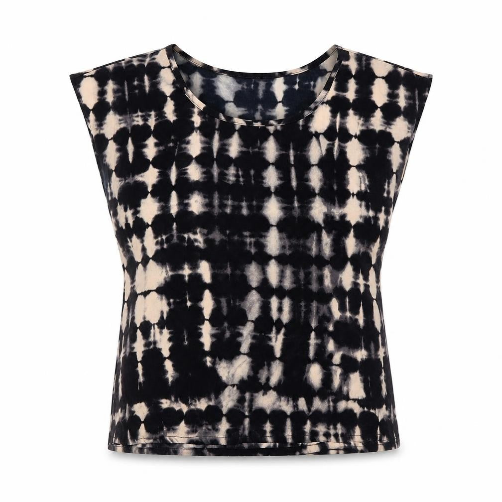 FOREVER 21 Womens Black Geometric Polyester Basic T-Shirt Size S Boat Neck