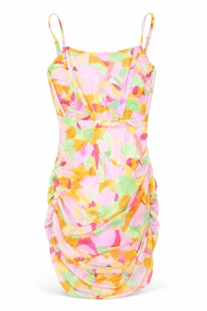Stradivarius Womens Multicoloured Geometric Polyester Bodycon Size L Square Neck - Ruching, Boning