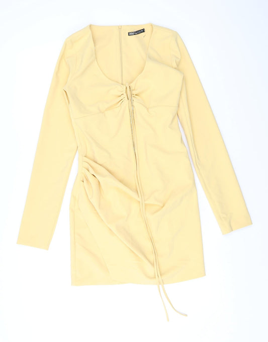 Zara Womens Yellow Polyester Mini Size S V-Neck Zip - Keyhole Neck