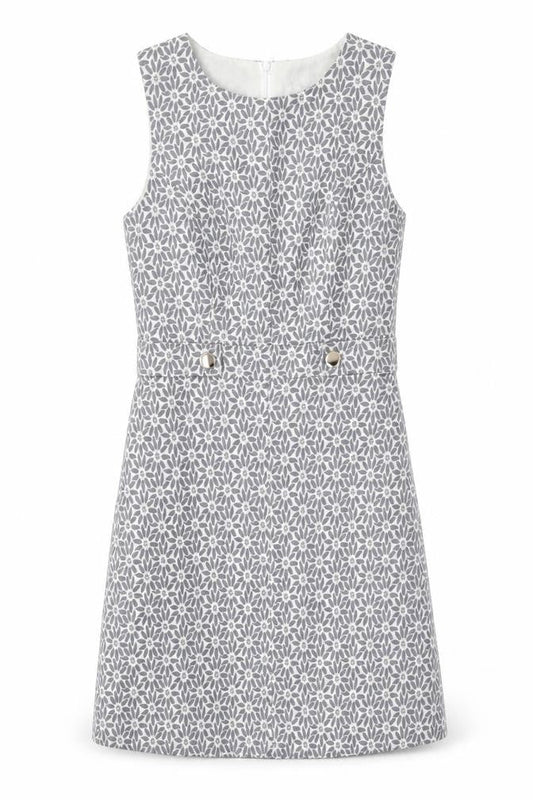 Front view of Miss Selfridge women’s grey floral polyester a-line, size UK 8, round neck zip
