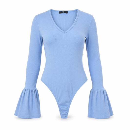 Front view of Missguided women’s blue polyester bodysuit one-piece, size UK 6, 10-inch leg snap