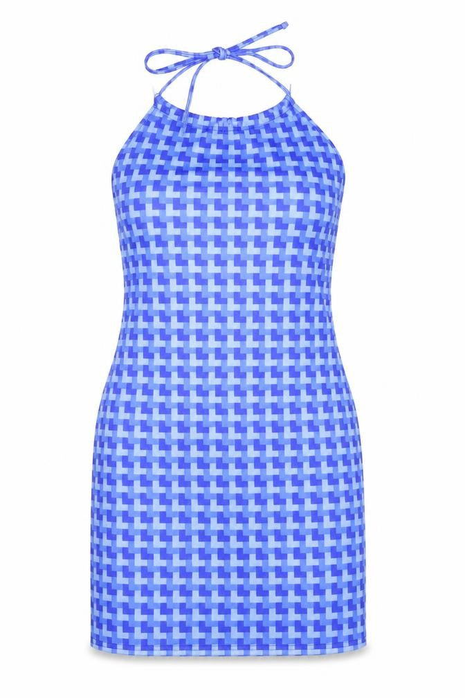 Pink Vanilla Womens Blue Geometric Polyester Mini Size 8 Halter Tie - Open Back