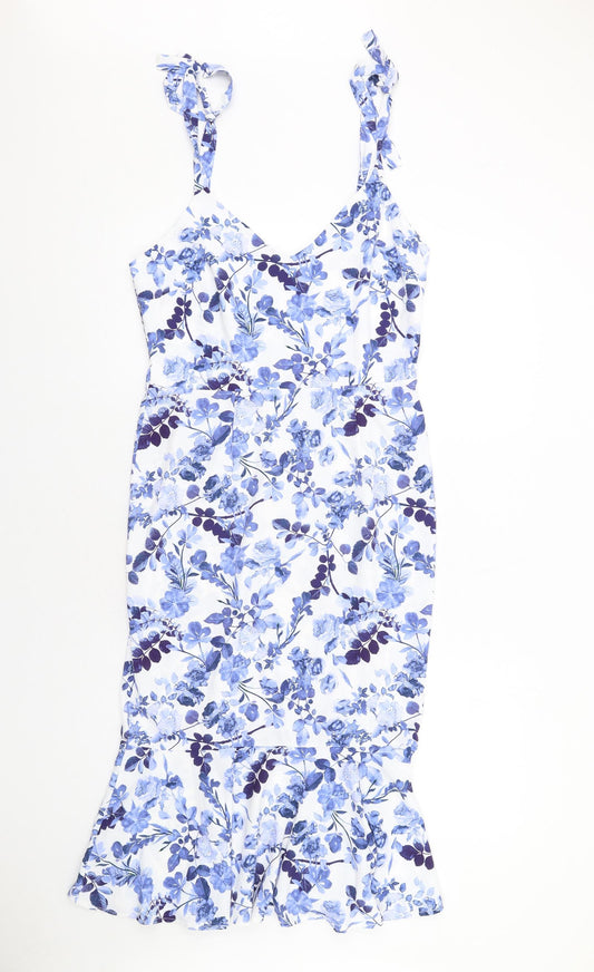 Sistaglam Womens Blue Floral Polyester A-Line Size 10 V-Neck Zip