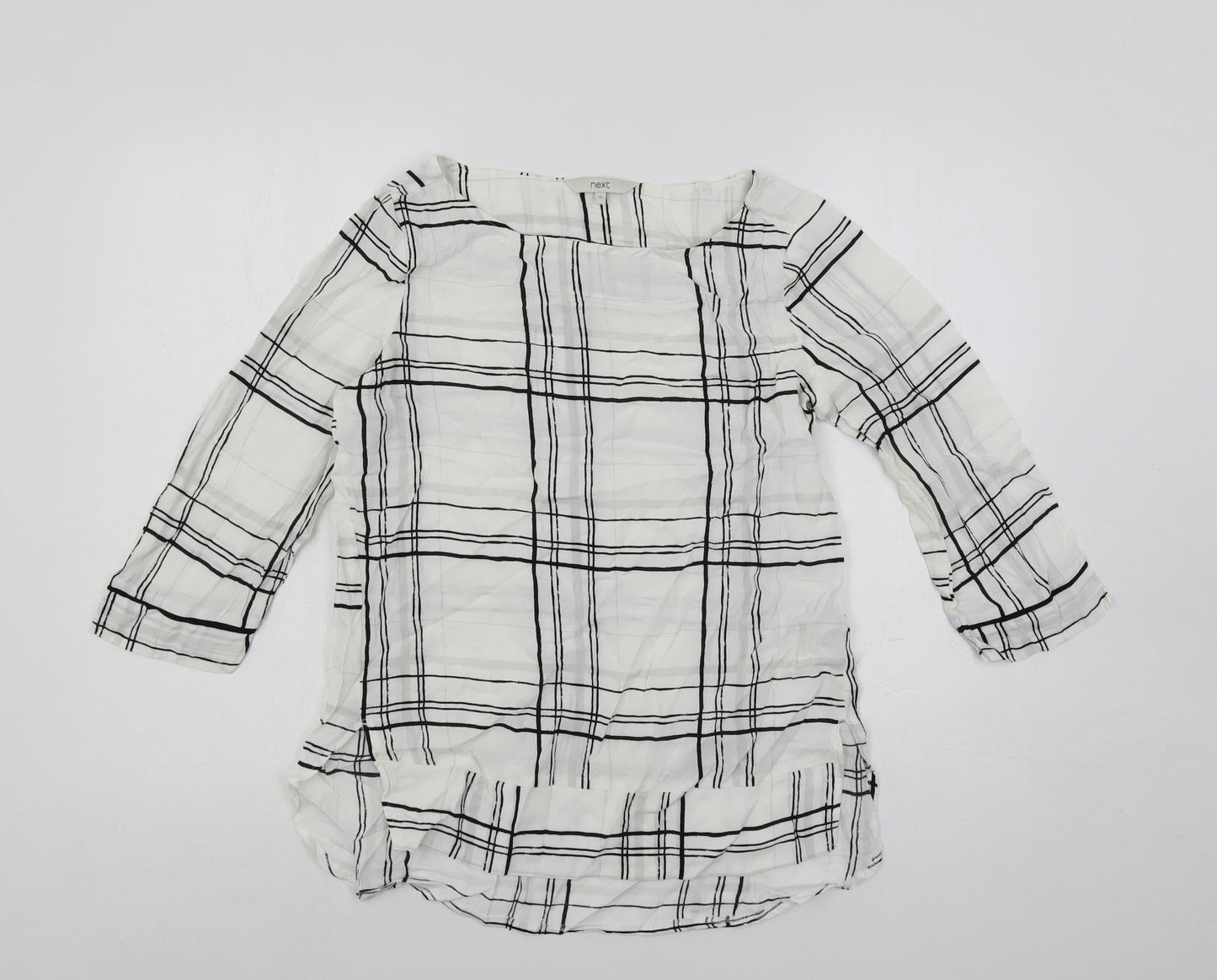 NEXT Womens White Plaid Viscose Basic Blouse Size 10 Boat Neck