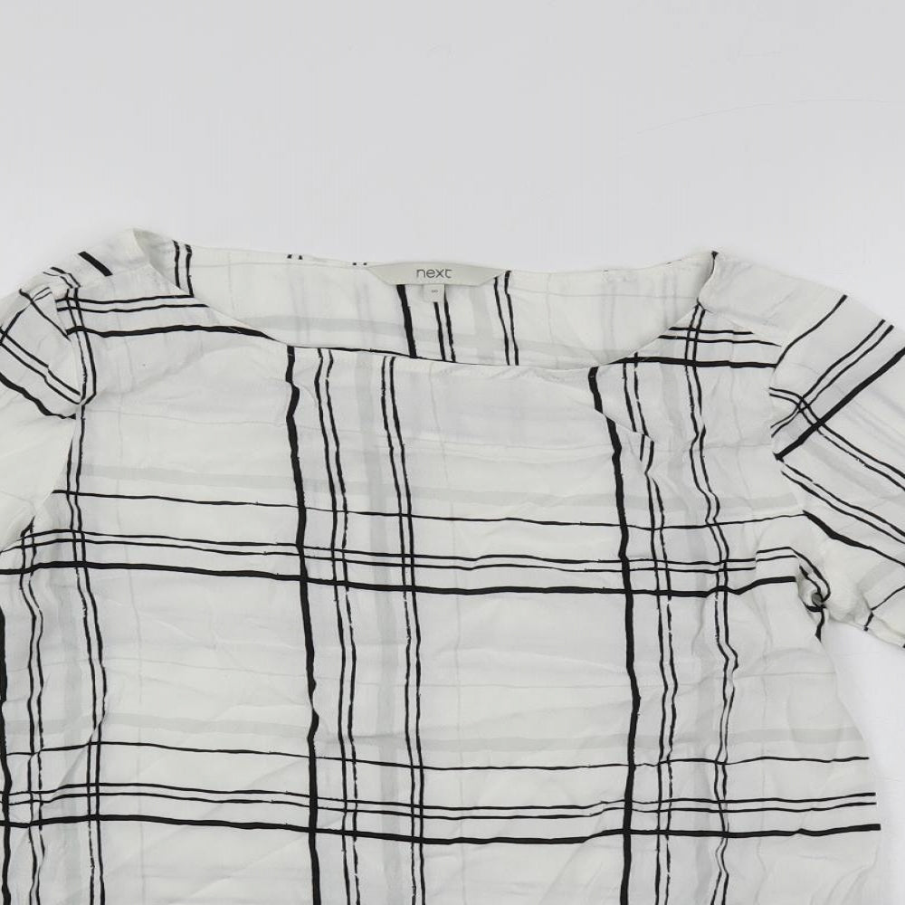 NEXT Womens White Plaid Viscose Basic Blouse Size 10 Boat Neck