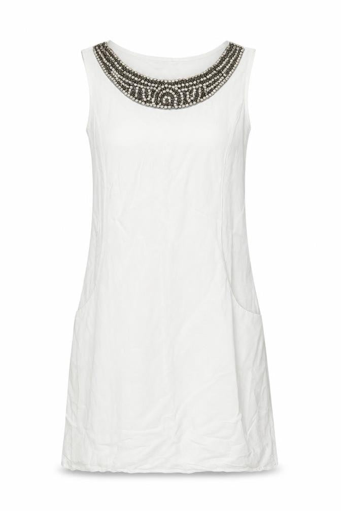 d.e.c.k. By Decollage Womens White Linen Shift Size 10 Boat Neck Pullover - Embellished Neckline