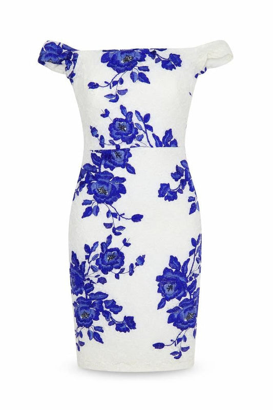 Lipsy Womens White Floral Nylon Pencil Dress Size 8 Off the Shoulder Zip - Lace Detail