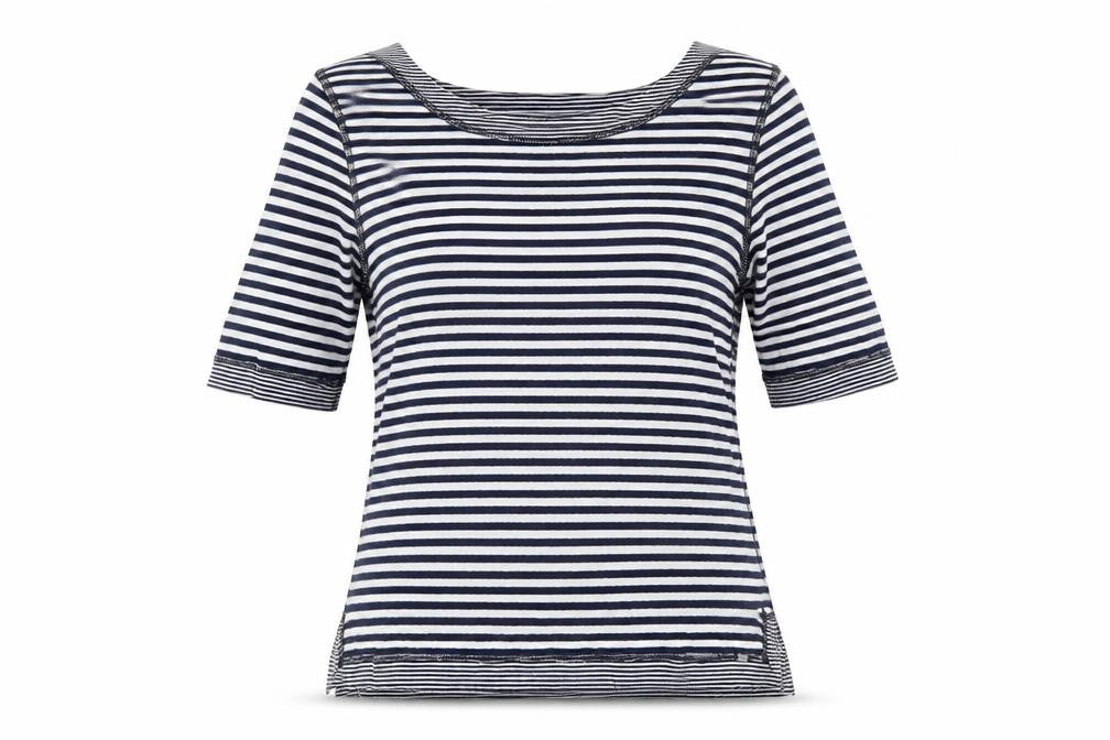FDJ Womens Blue Striped Cotton Basic T-Shirt Size S Boat Neck