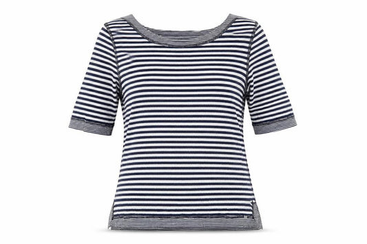 FDJ Womens Blue Striped Cotton Basic T-Shirt Size S Boat Neck