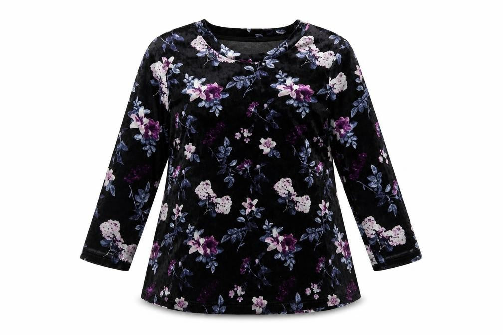 Anna Rose Womens Black Floral Polyester Basic Blouse Size S Round Neck