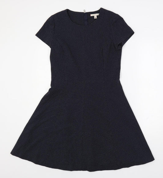 Esprit Womens Blue Polka Dot Polyester Fit & Flare Size 10 Round Neck Zip