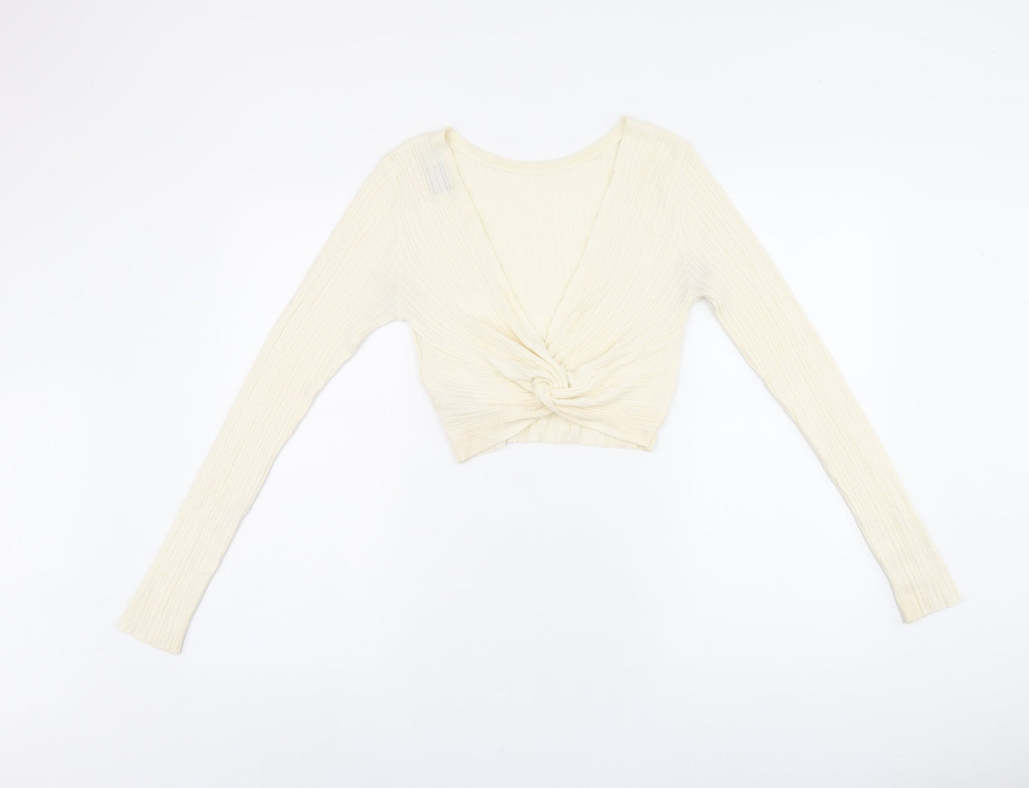 ASOS Womens Beige Acrylic Cropped T-Shirt Size 10 Round Neck - Twist Detail On Back