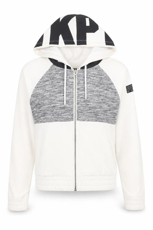 PINK Womens White Colourblock Cotton Full Zip Hoodie Size S Zip - Logo