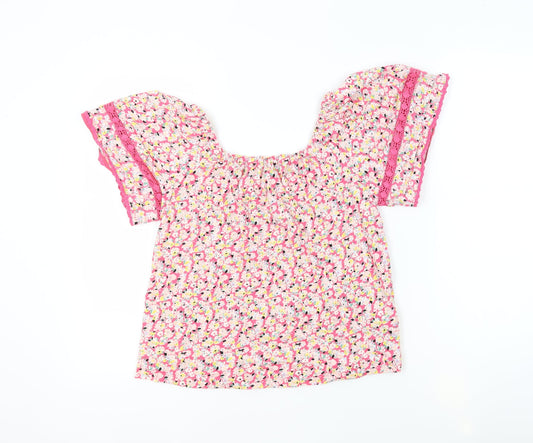 Marks and Spencer Womens Pink Floral 100% Cotton Basic Blouse Size 6 Square Neck - Crochet Detail