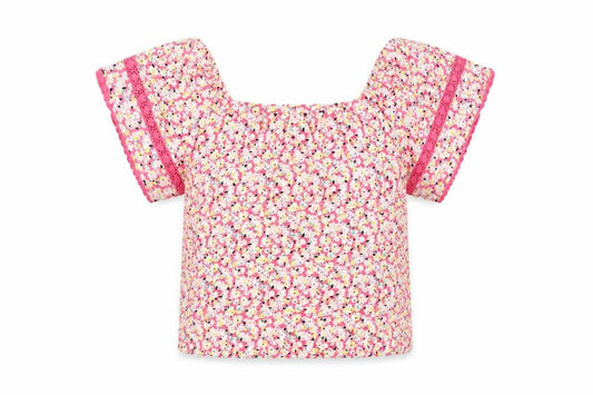 Marks and Spencer Womens Pink Floral 100% Cotton Basic Blouse Size 6 Square Neck - Crochet Detail