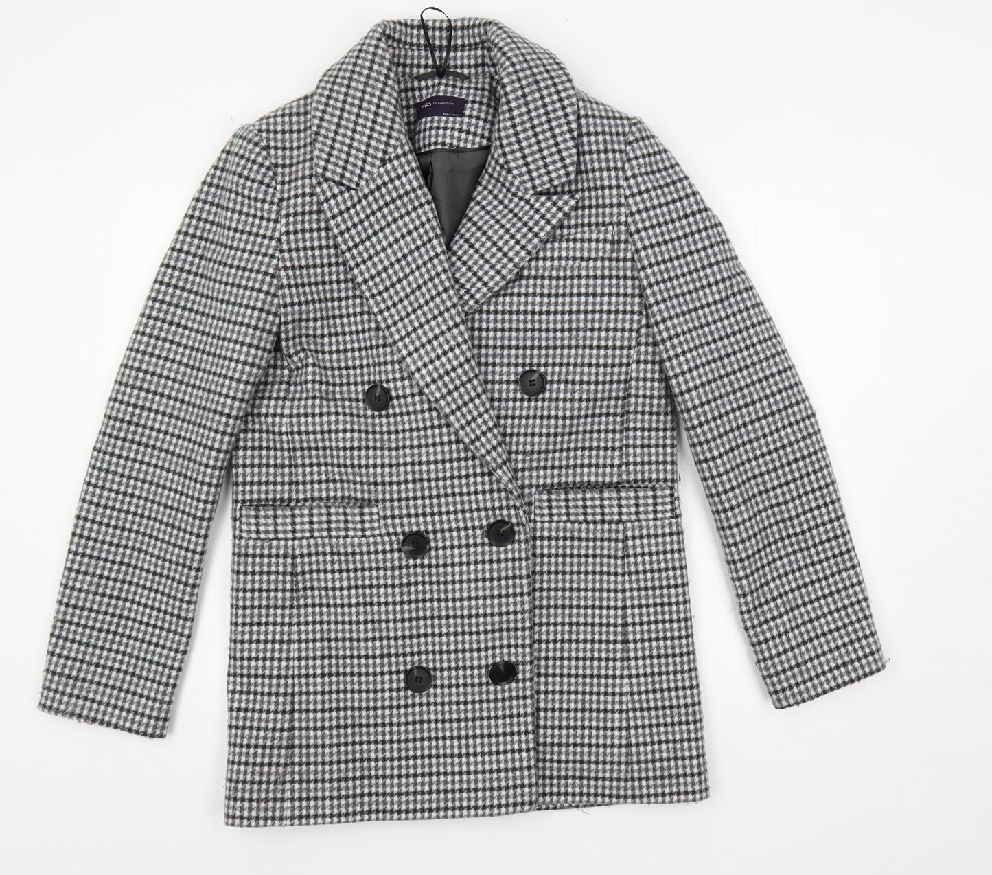 Marks and Spencer Womens Grey Geometric Pea Coat Coat Size 6 Button