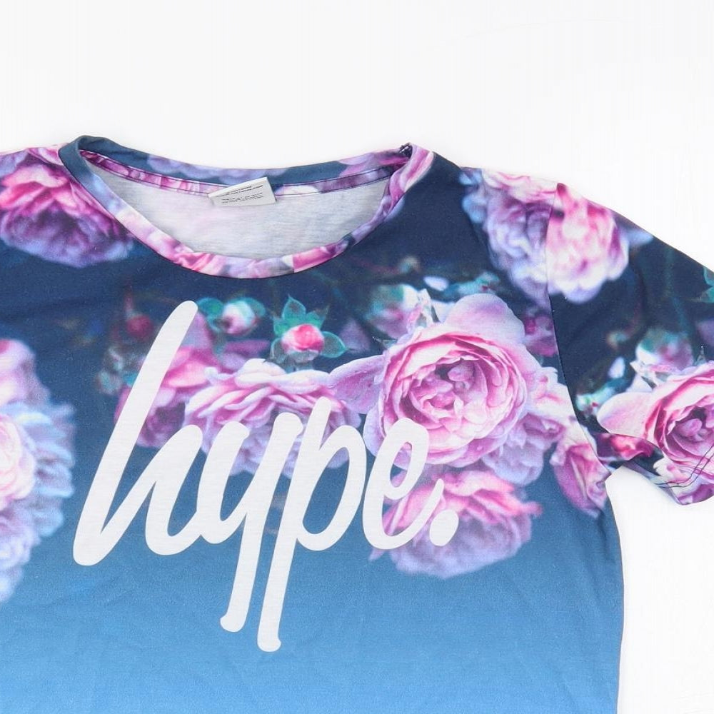 Hype Girls Blue Floral Polyester Basic T-Shirt Size 13 Years Crew Neck Pullover
