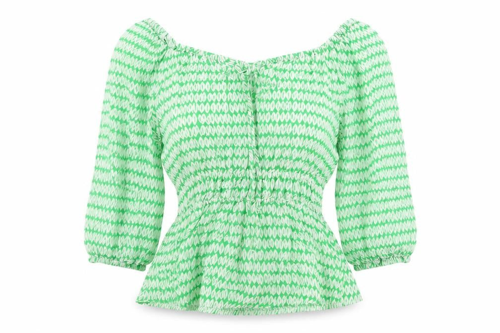 Marks & Spencer Womens Green Geometric Viscose Basic Blouse Size 6 Off the Shoulder - Elastic Waist
