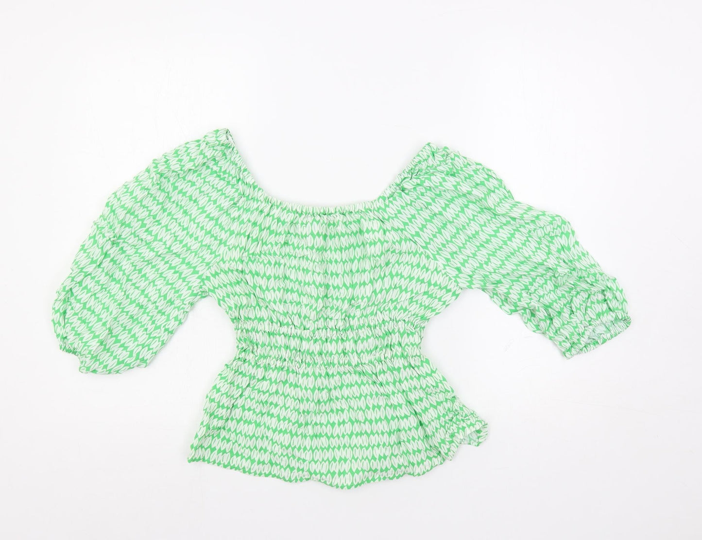 Marks and Spencer Womens Green Geometric Viscose Basic Blouse Size 6 Off the Shoulder - Elastic Waist
