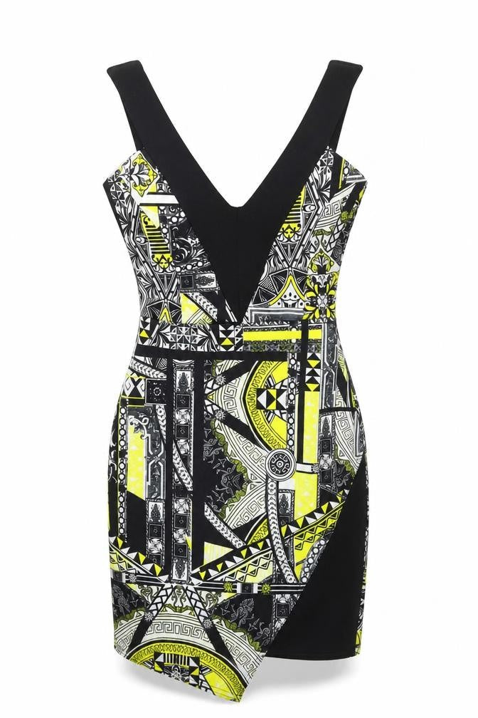 Miss Selfridge Womens Black Geometric Polyester Bodycon Size 6 Scoop Neck Pullover - Wrap Style
