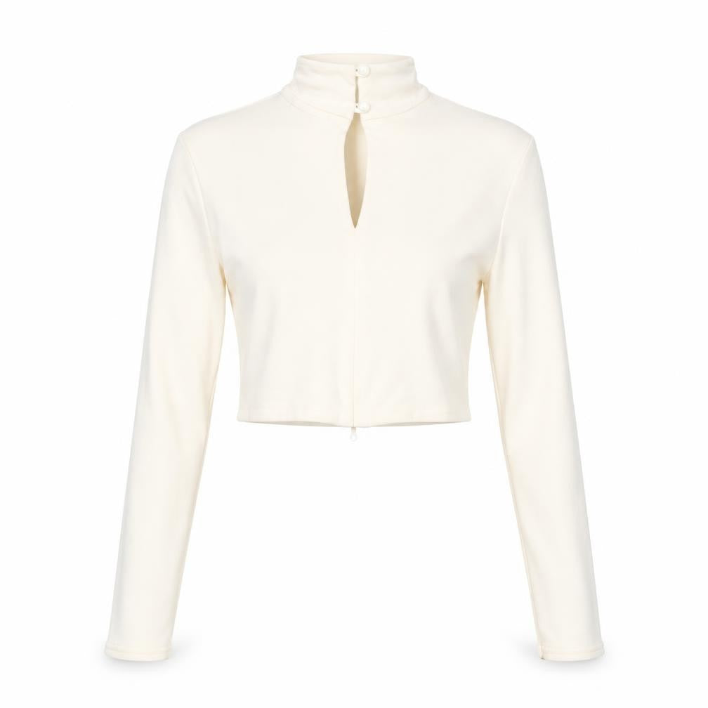PRETTYLITTLETHING Womens Ivory Polyester Cropped Blouse Size 4 Mock Neck - Open Front Drawstring