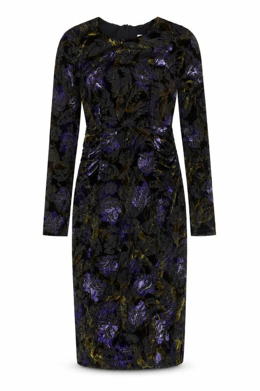 Classics Womens Multicoloured Floral Polyester Pencil Dress Size 10 Round Neck Zip - Velvet Detail Rouched