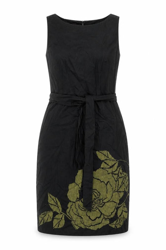 Monsoon Womens Black Cotton Pencil Dress Size 10 Round Neck Zip - Floral Embroidery Belted