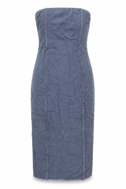 Glassons Womens Blue Linen Pencil Dress Size 12 Square Neck Zip - Raw Seam Detail