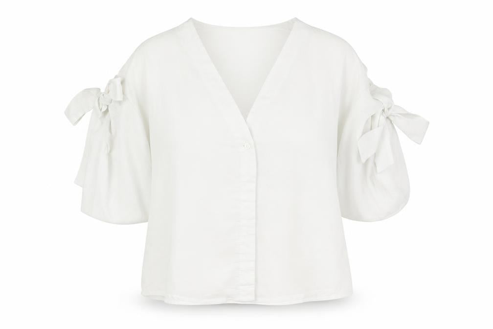 Topshop Womens White Polyester Basic Blouse Size 8 V-Neck - Sleeve Tie
