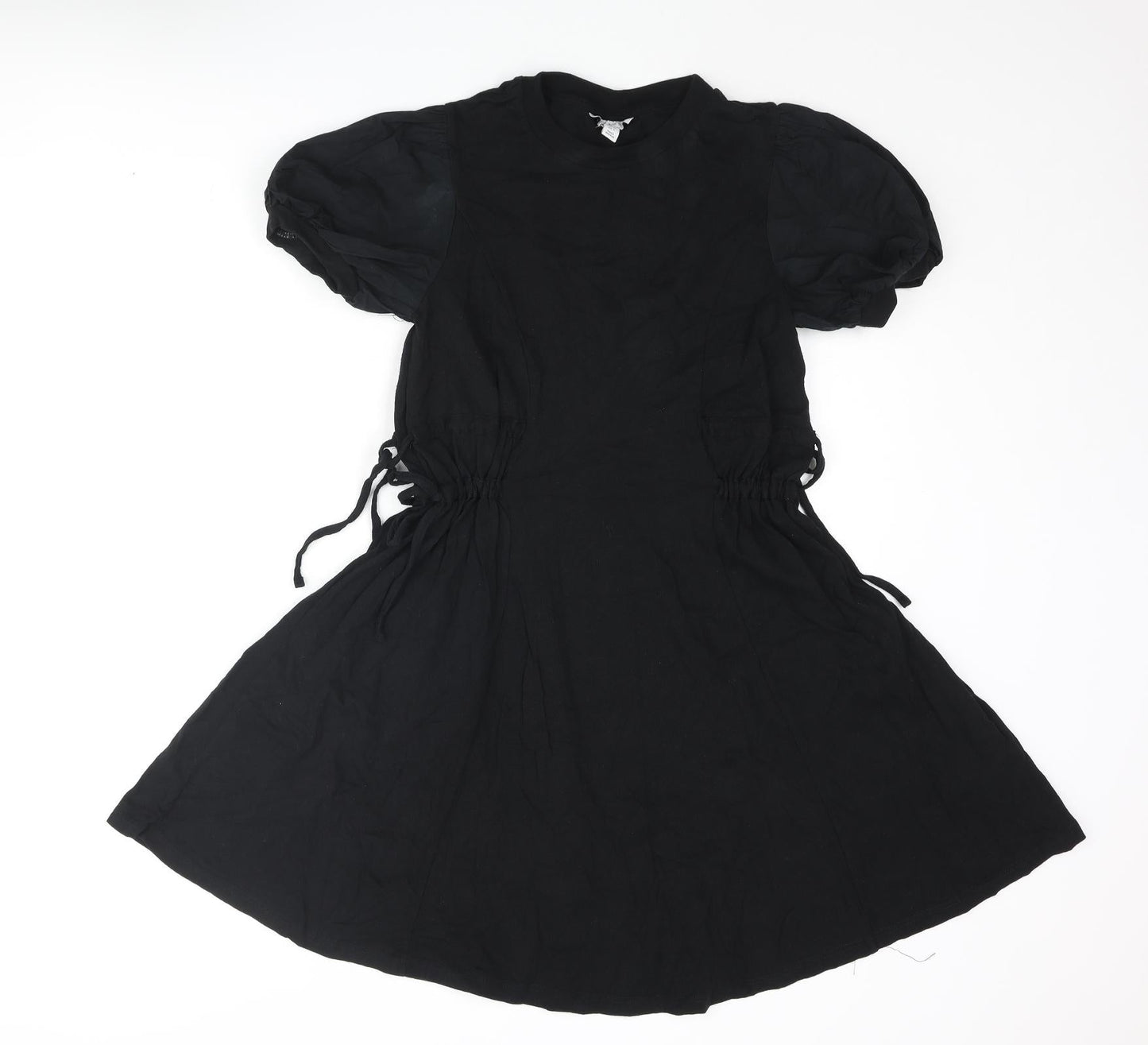 Topshop Womens Black Cotton A-Line Size 8 Round Neck Pullover - Drawstring Detail