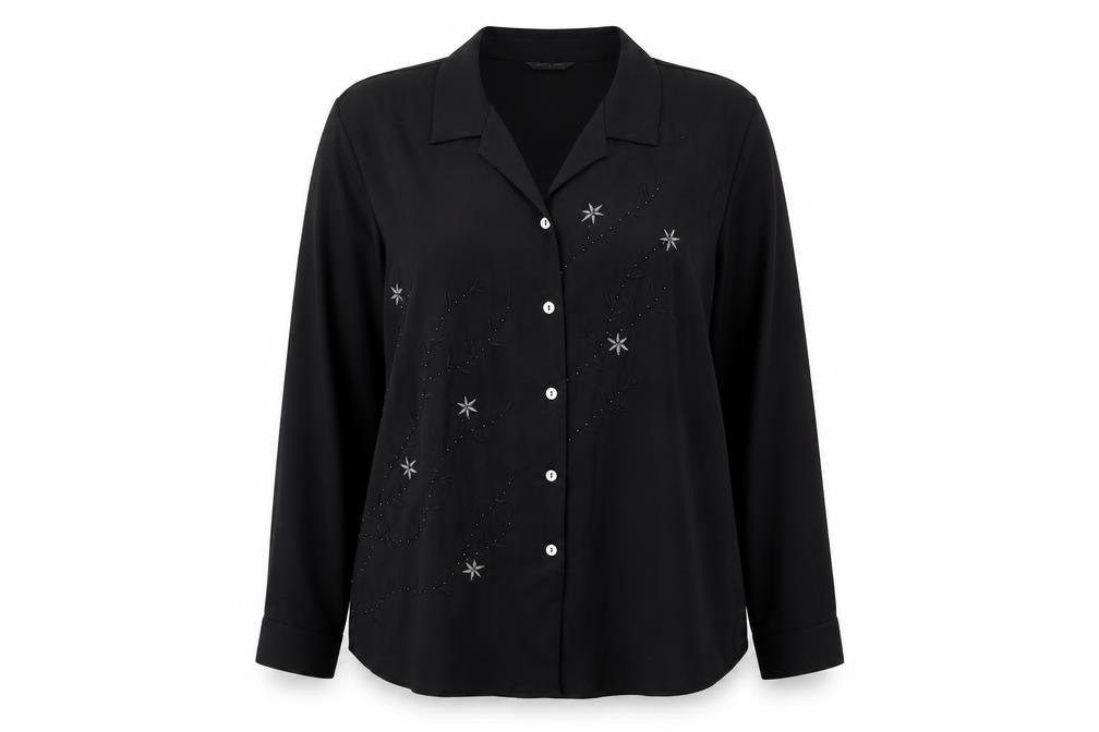 St Bernard Womens Black Polyester Basic Blouse Size 16 Collared - Floral Embroidery Beading
