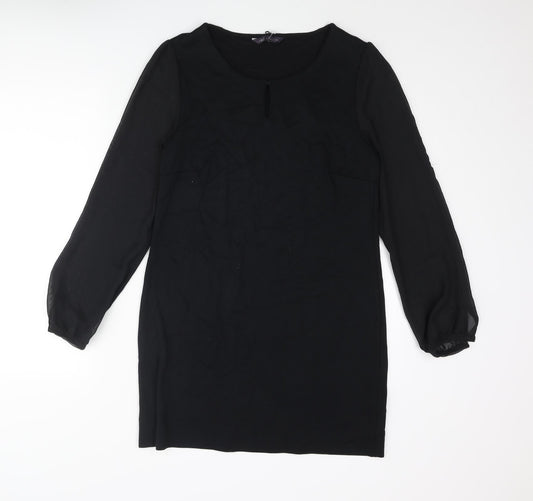 Marks and Spencer Womens Black Polyester Shift Size 12 Round Neck Button - Keyhole Neck Semi Sheer Sleeve