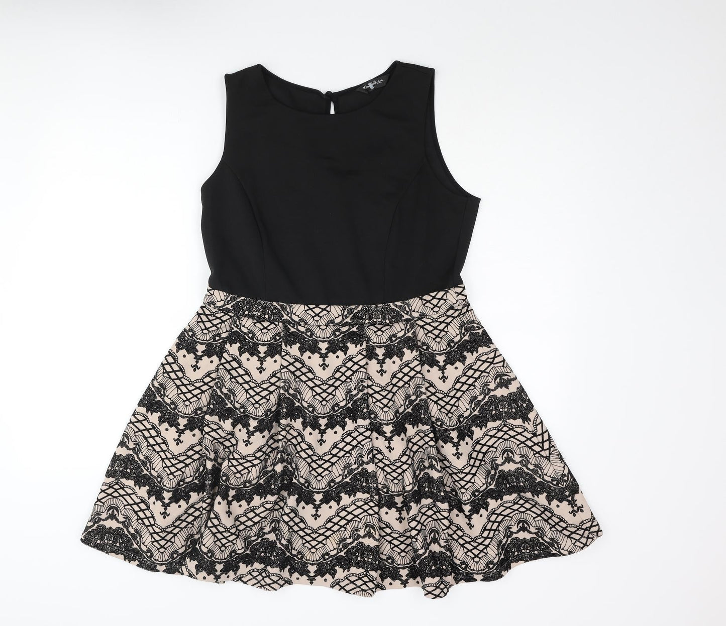 Miss Selfridge Womens Black Polyester Skater Dress Size 14 Round Neck Button - Geometric Print