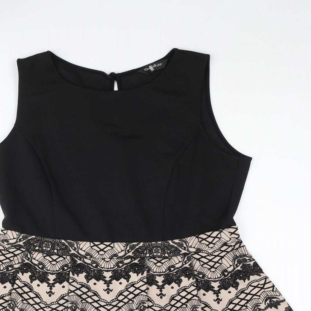 Miss Selfridge Womens Black Polyester Skater Dress Size 14 Round Neck Button - Geometric Print