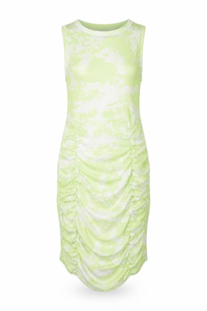 PRETTYLITTLETHING Womens Green Geometric Polyester Tank Dress Size 8 Round Neck Pullover - Rouched
