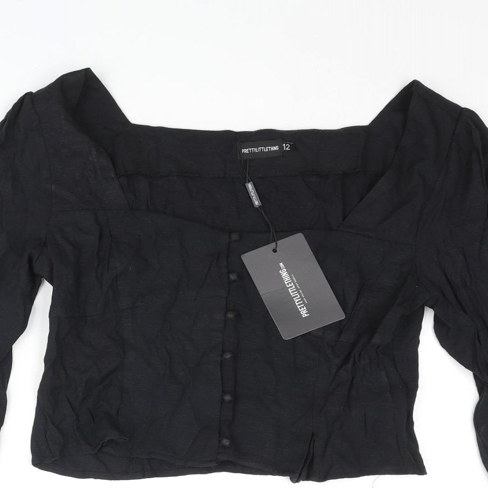 PRETTYLITTLETHING Womens Black Polyester Basic Blouse Size 12 Square Neck