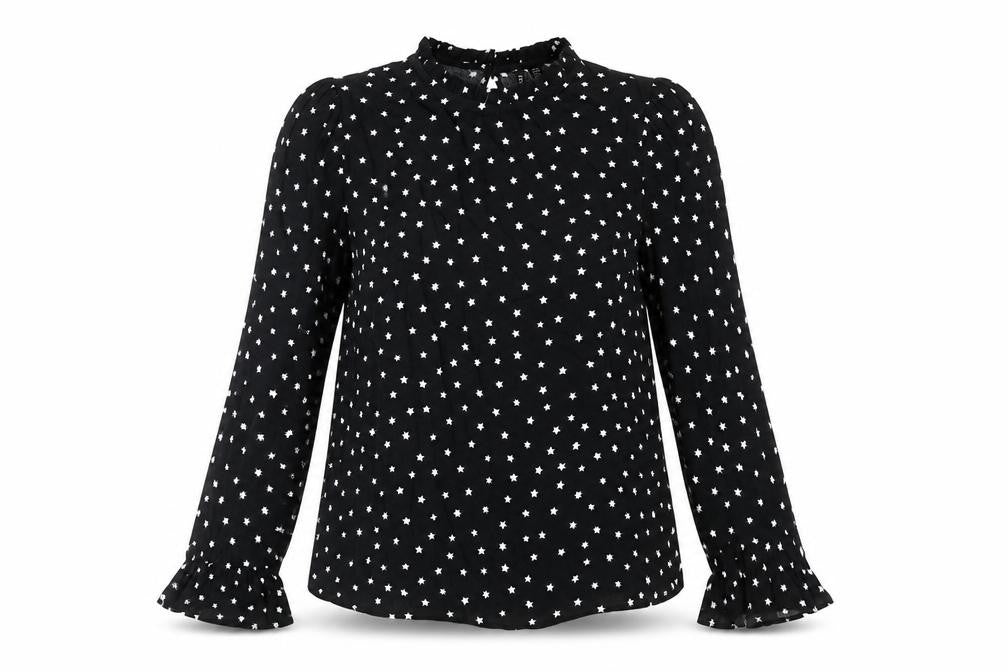 Forever New Womens Black Geometric Viscose Basic Blouse Size 8 Mock Neck - Star Print Frill