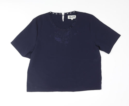 Lyndella Womens Blue Polyester Basic Blouse Size 16 Round Neck - Floral Embroidery