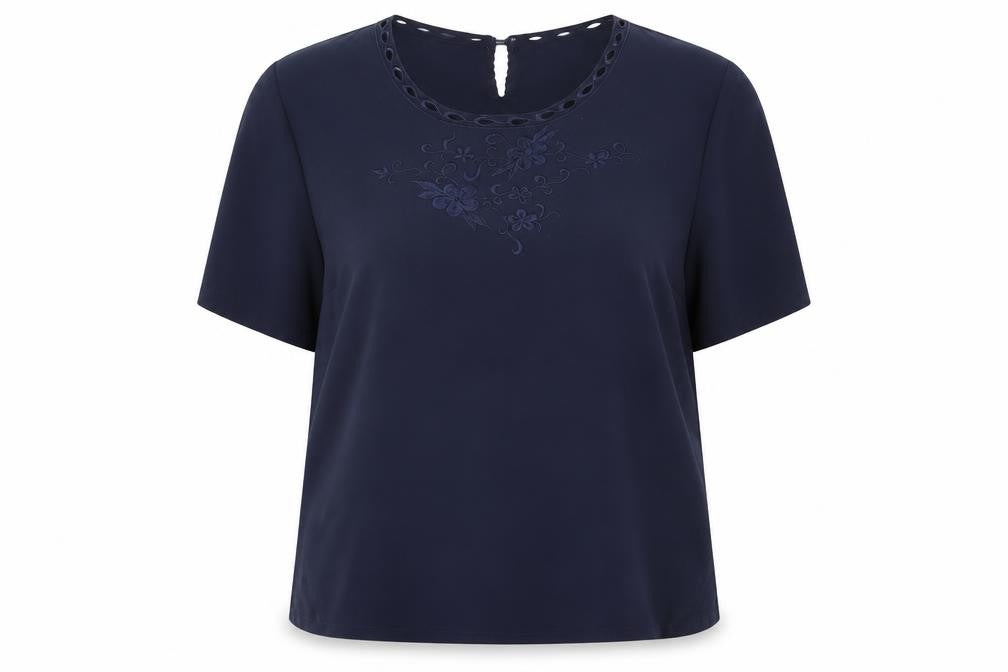 Lyndella Womens Blue Polyester Basic Blouse Size 16 Round Neck - Floral Embroidery