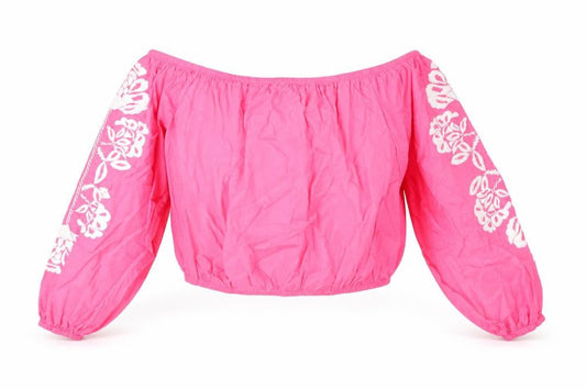 Marks and Spencer Womens Pink Cotton Cropped Blouse Size 18 Off the Shoulder - Floral Embroidery