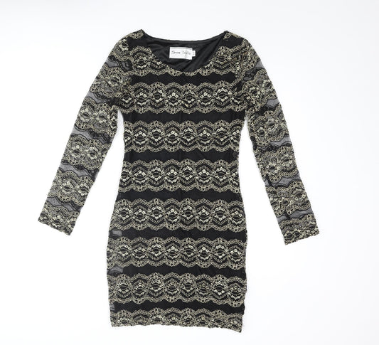 Snow Traffic Womens Black Polyester Bodycon Size S Round Neck Pullover - Gold Detail Size S-M