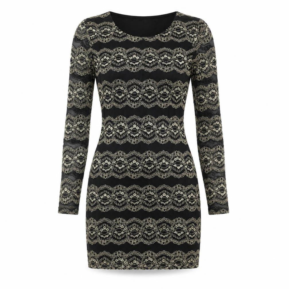 Snow Traffic Womens Black Polyester Bodycon Size S Round Neck Pullover - Gold Detail Size S-M