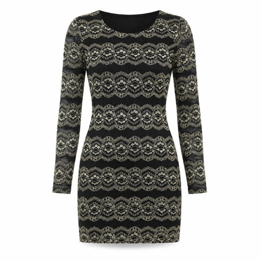 Snow Traffic Womens Black Polyester Bodycon Size S Round Neck Pullover - Gold Detail Size S-M