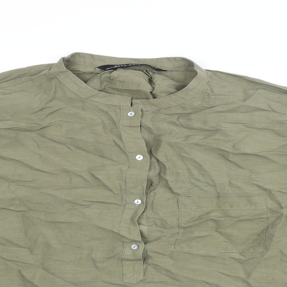 Zara Womens Green Polyester Basic Blouse Size L Henley